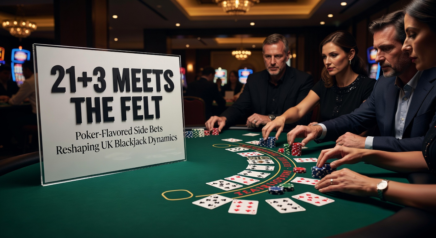 Digital blackjack interface displaying a winning 21+3 Straight Flush payout, with poker hand icons highlighted amid dealer cards and chip stacks