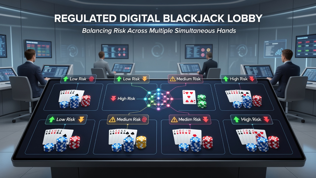 Analytics dashboard tracking multi-hand blackjack performance and risk metrics over time