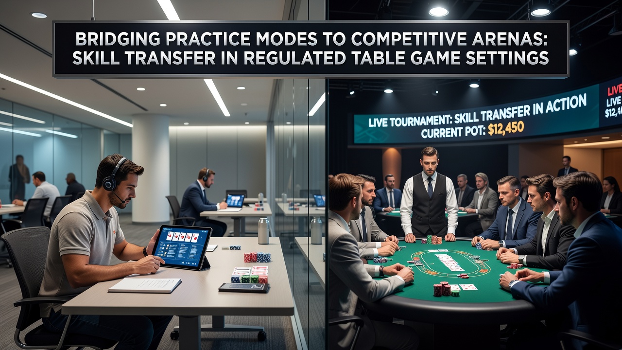 Regulated casino floor showing players applying skills from practice modes during a live blackjack tournament