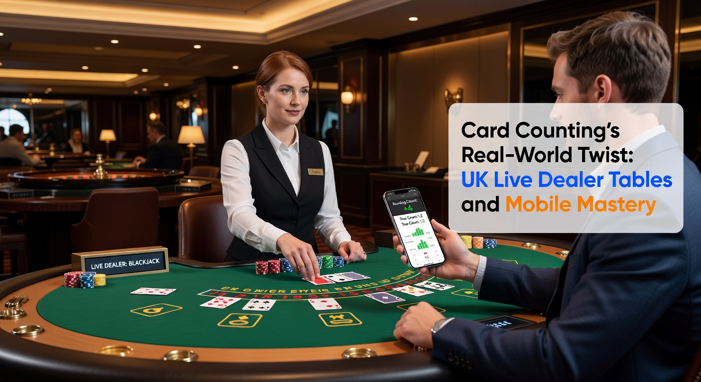 A smartphone screen displaying a live UK blackjack table with a running card count overlay, illustrating mobile card counting techniques