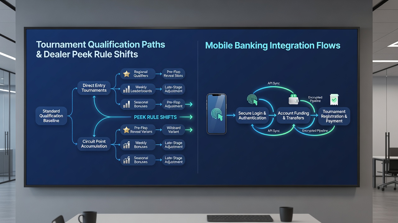 Flowchart of mobile banking transactions synchronized with dealer peek rule selections in tournament settings