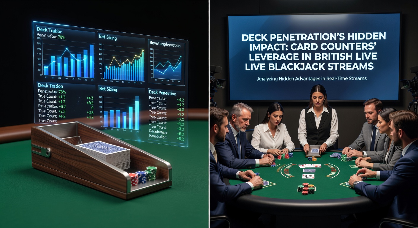 Digital overlay on a live blackjack stream interface, highlighting deck penetration percentage and card count indicators during gameplay