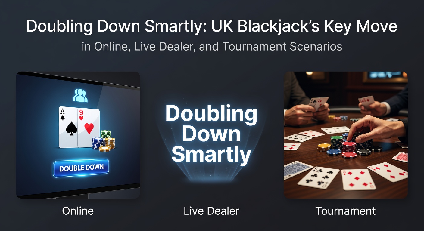 A close-up view of a blackjack table where a player doubles down, chips stacked double beside their hand against the dealer's upcard