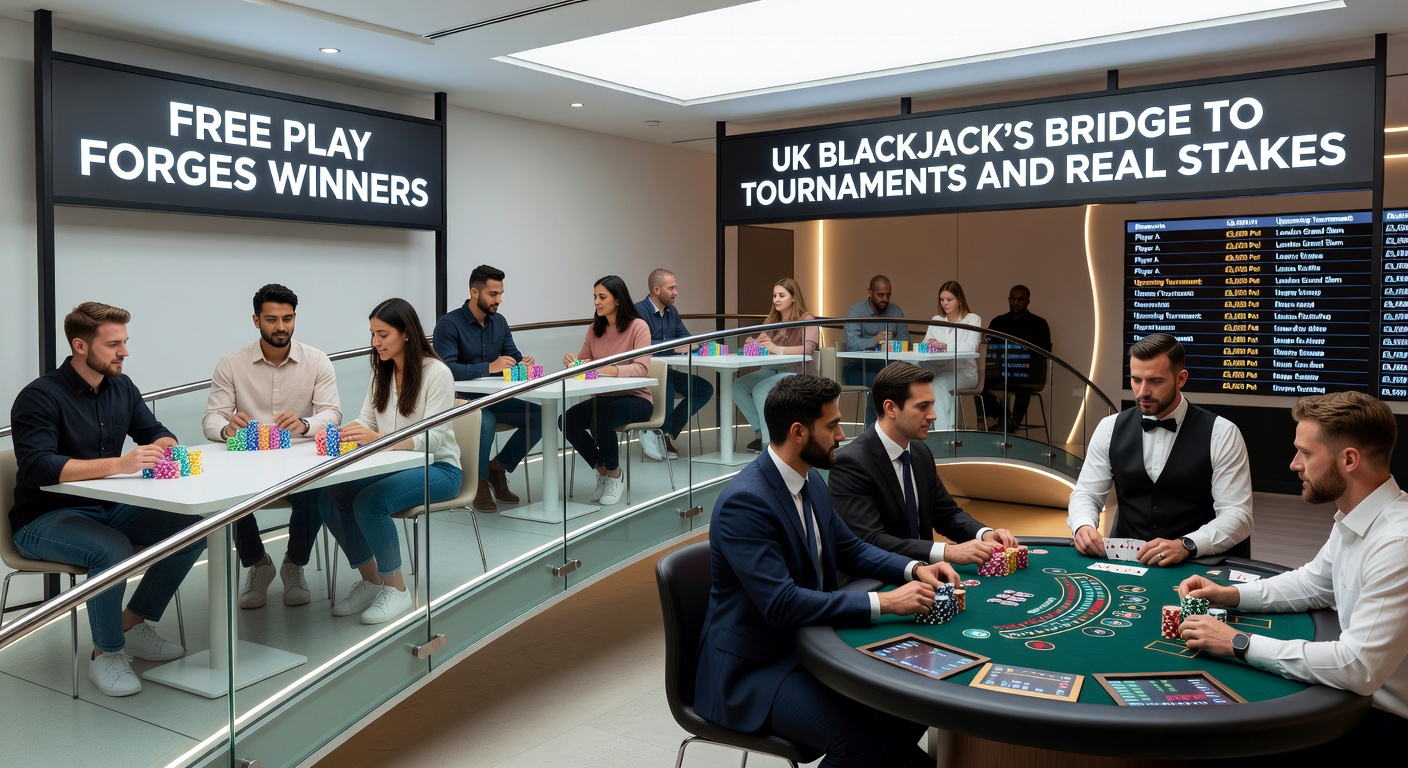 A vibrant online blackjack free play interface showing cards, chips, and demo credits on a UK casino site