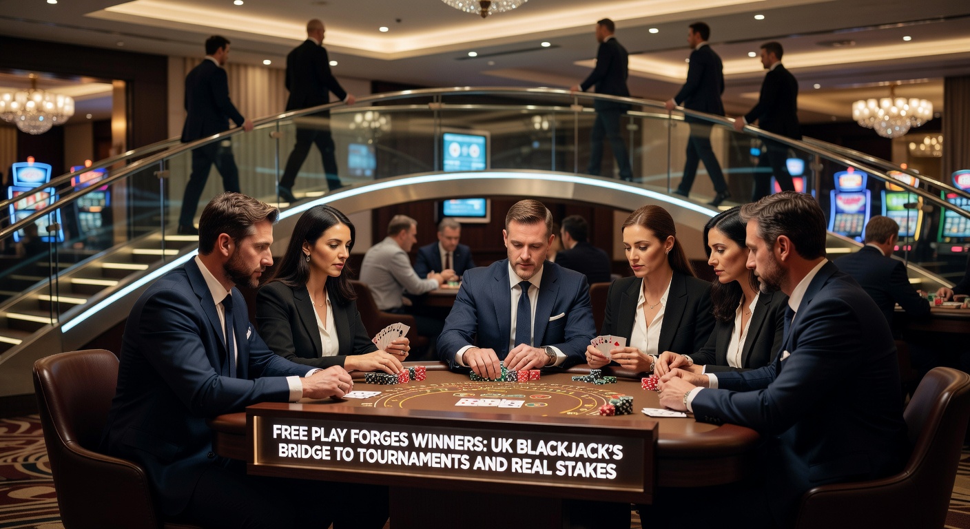 Dynamic screenshot of a UK blackjack tournament leaderboard with free play qualifiers highlighted and real stakes prizes listed