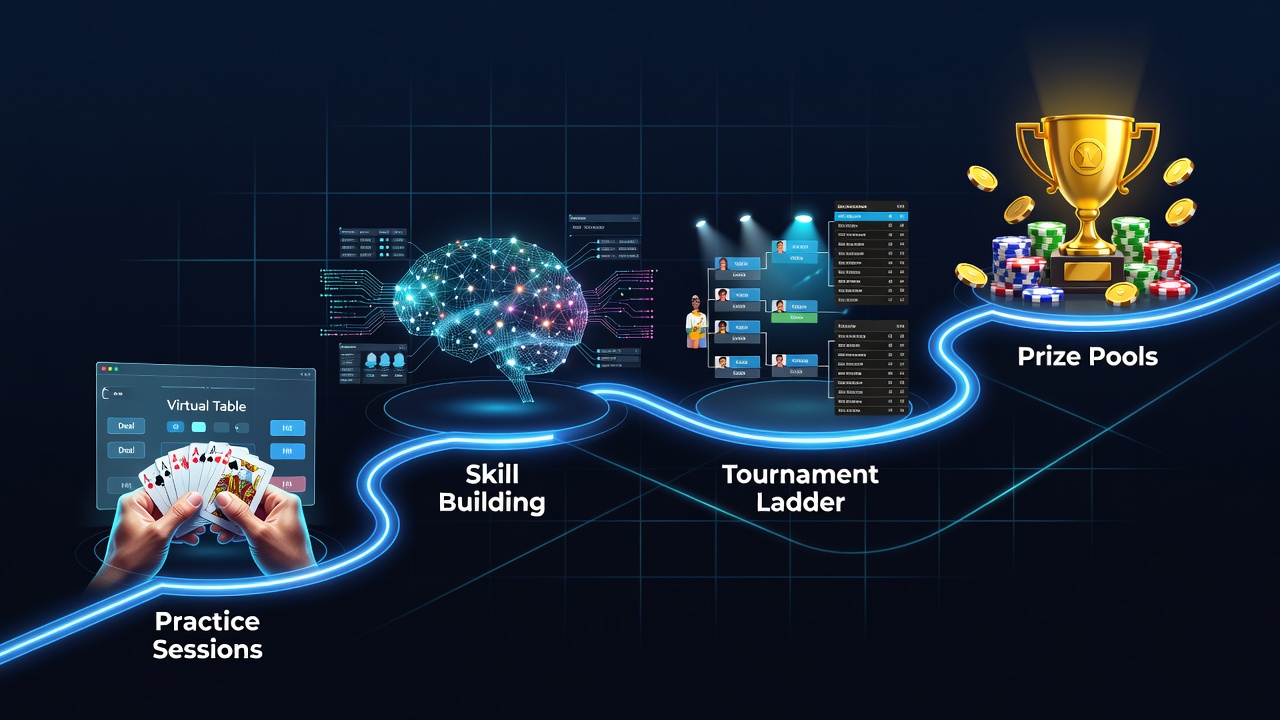 Players engaging in digital blackjack practice sessions on various devices, transitioning toward competitive tournament formats