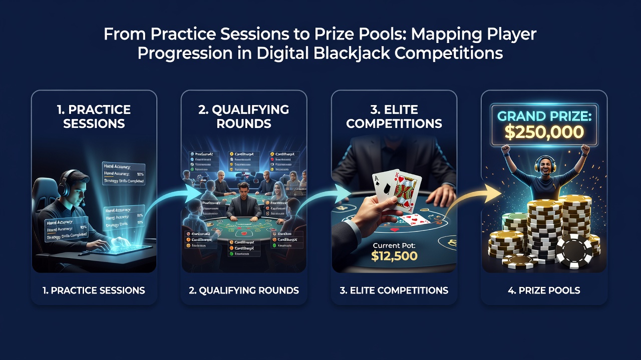 Tournament leaderboard displaying advancing players from practice stages into prize pool competitions with digital blackjack interfaces