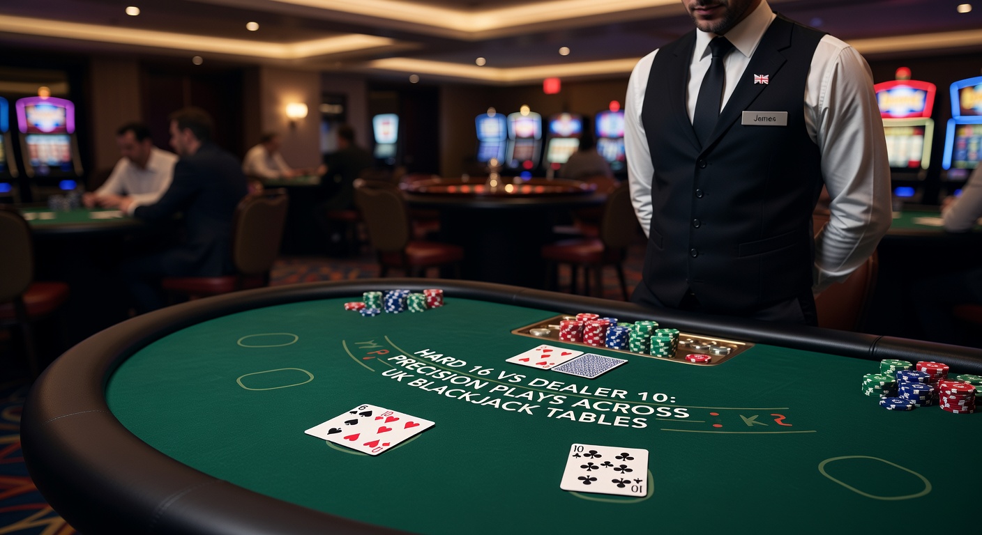 A close-up view of a blackjack table showing a player's hard 16 hand facing a dealer's upcard of 10, with chips and cards in sharp focus amid a bustling UK casino atmosphere