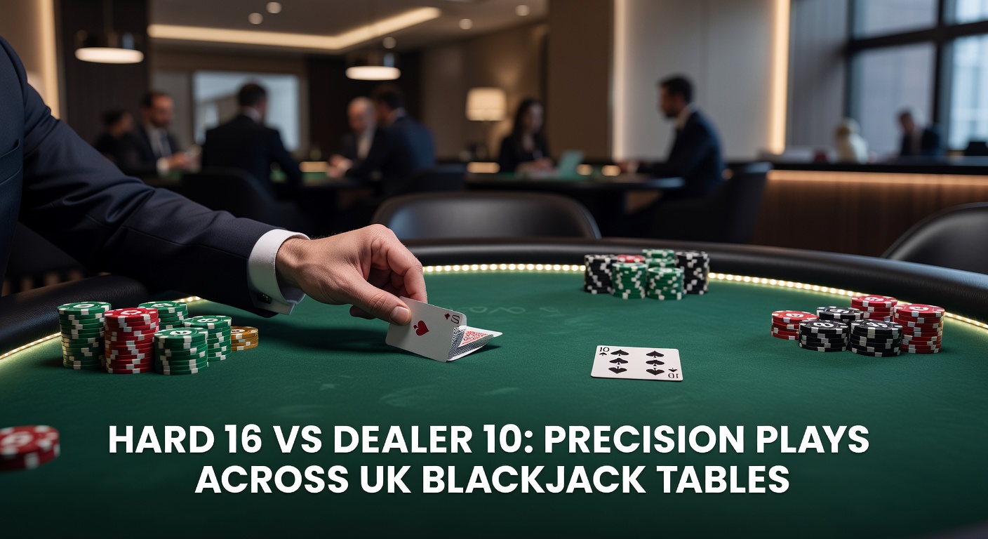 Live dealer at a UK blackjack table dealing to players, highlighting the tension of a hard 16 versus dealer 10 in a vibrant casino setting with digital overlays showing strategy charts