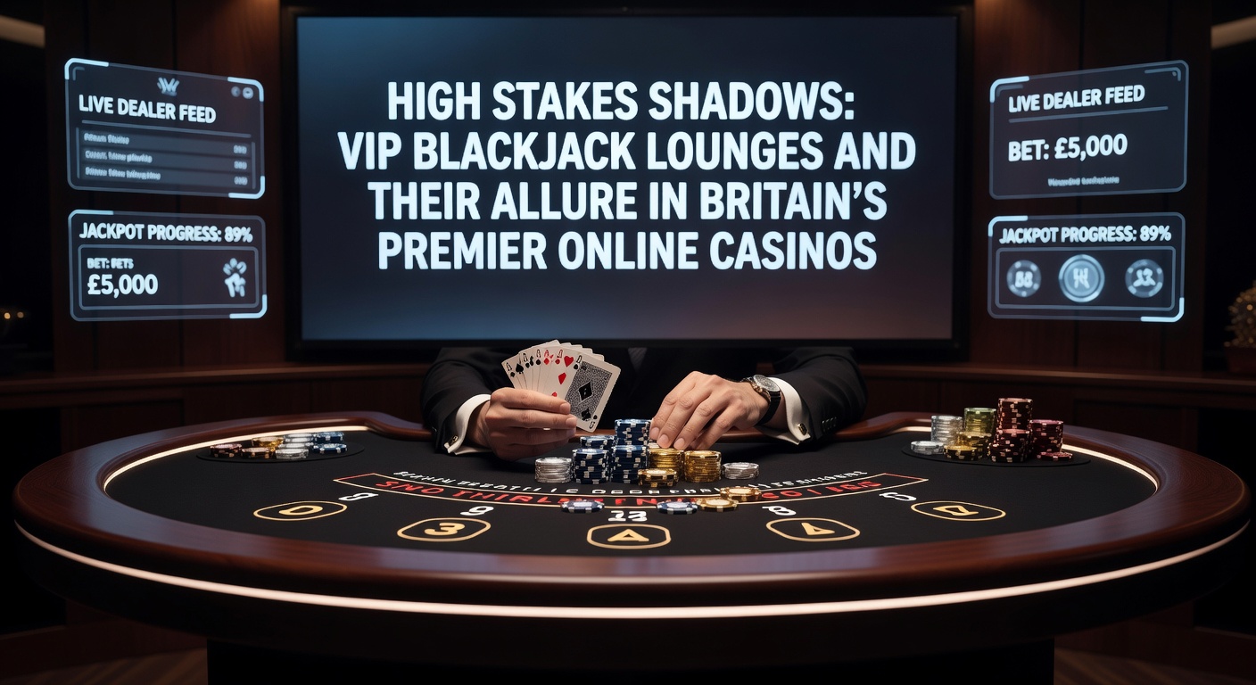 Elegant VIP blackjack lounge with dim lighting, polished tables, and high-roller patrons in a luxurious online casino interface