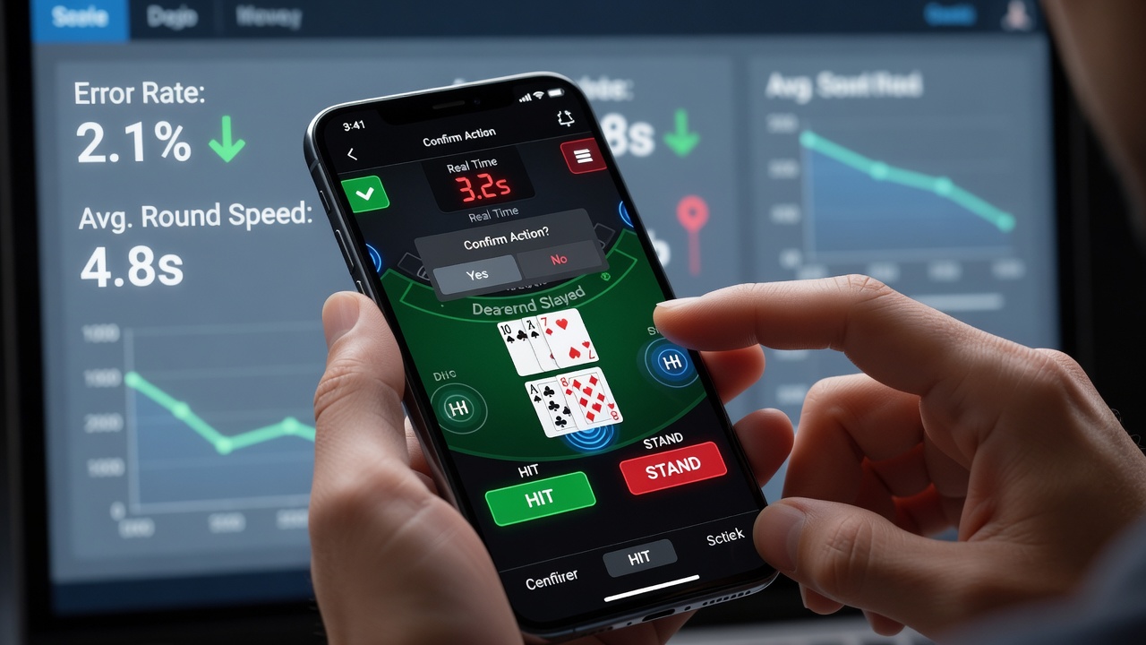Mobile screen displaying blackjack hand with highlighted decision buttons and real-time hand total updates to minimize player errors
