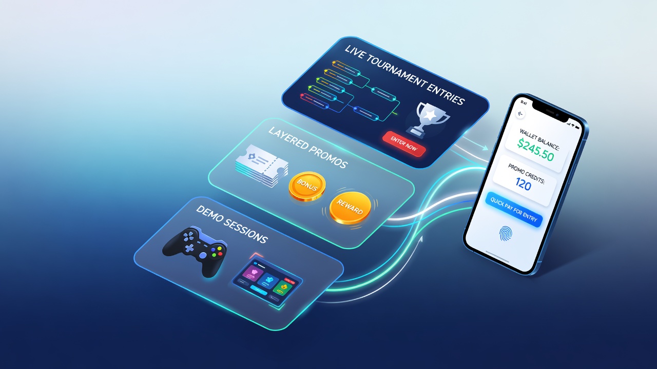 Mobile wallet interface showing layered blackjack promotions transitioning from demo play to tournament entry