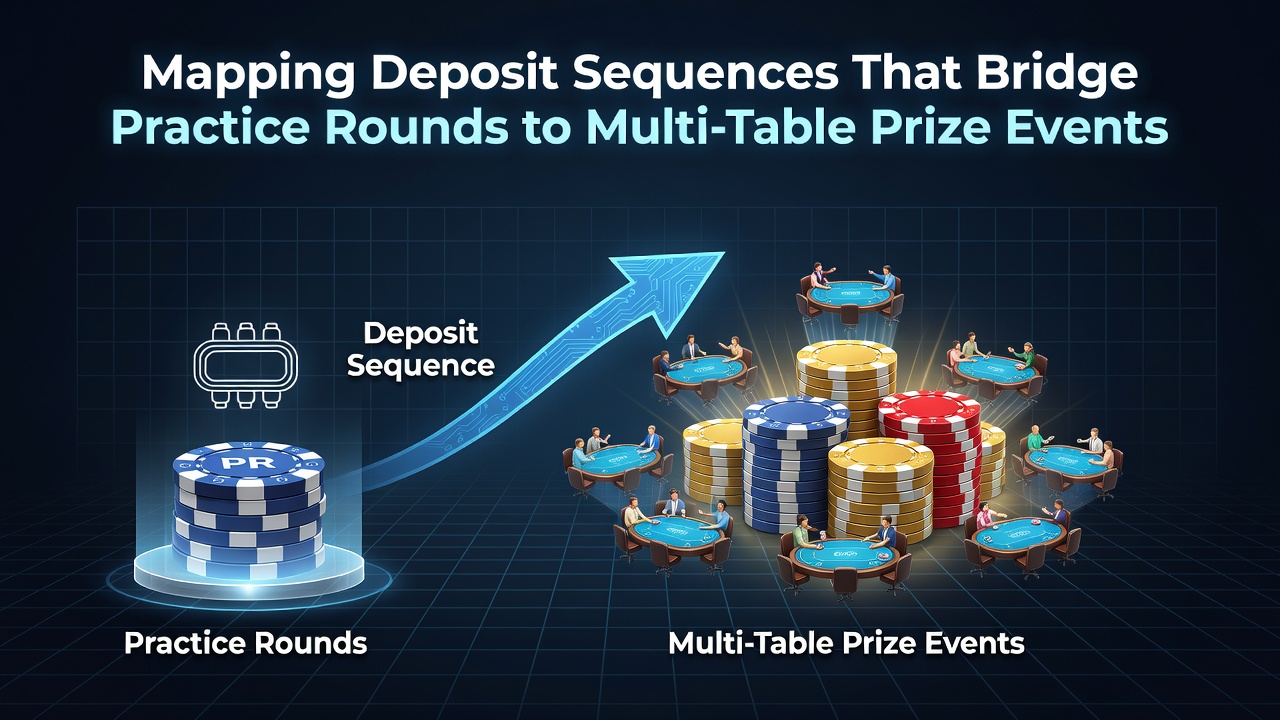 Diagram showing deposit sequences linking practice blackjack rounds with multi-table tournament entries