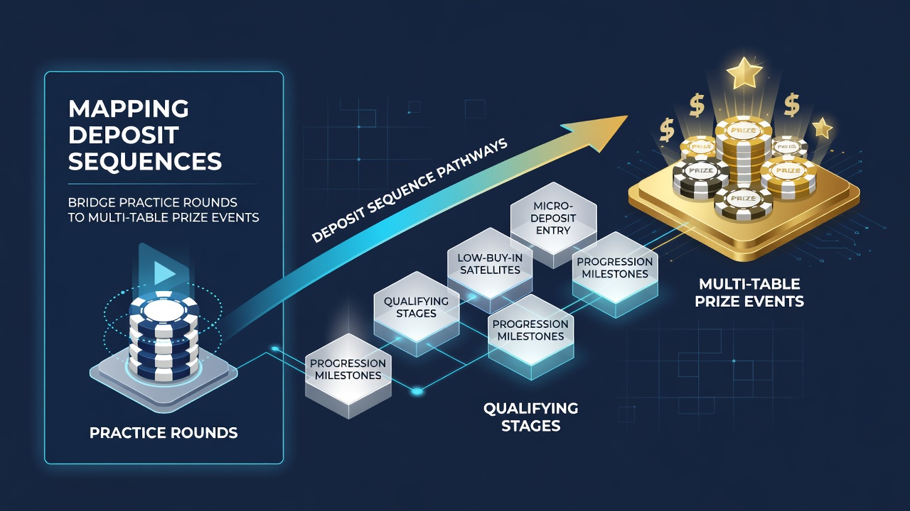 Flowchart illustrating deposit mapping from free practice blackjack to multi-table prize tournaments