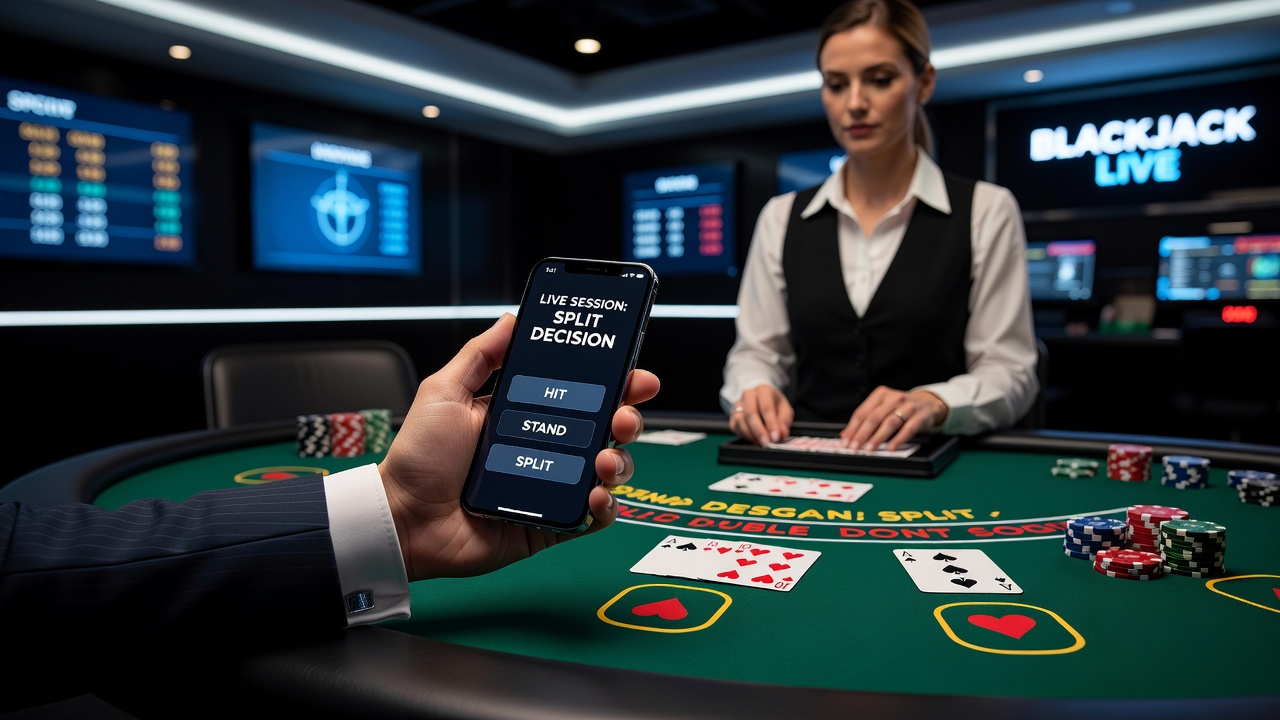 Close-up view of a mobile live blackjack table with highlighted quick-decision zones and timer display