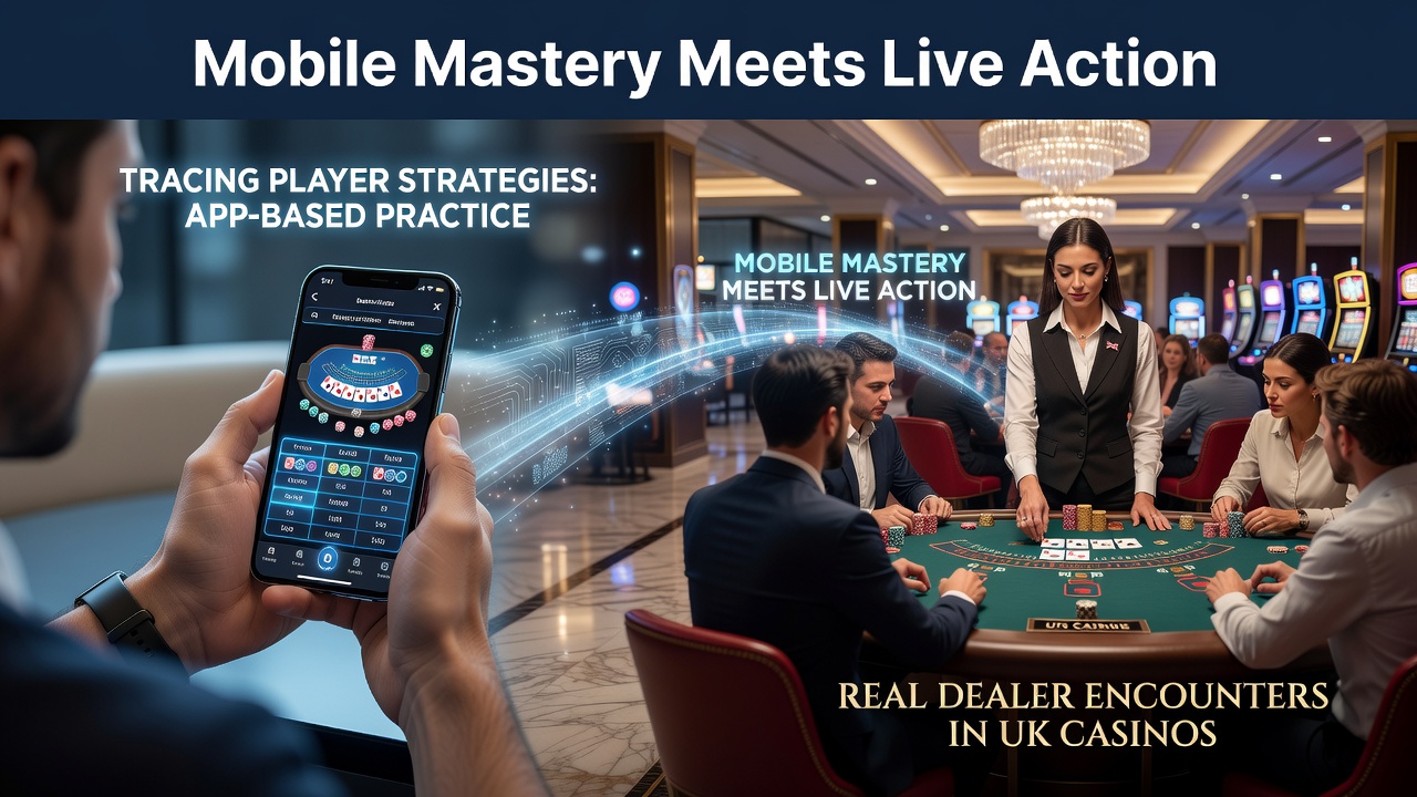 Mobile app interface showing blackjack strategy practice alongside a live dealer table in a UK casino