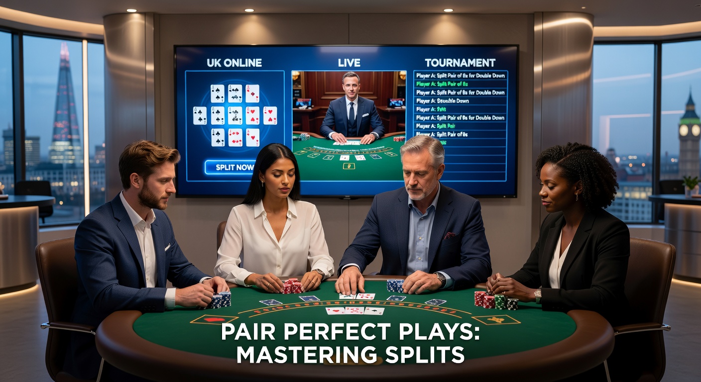 Close-up of a tournament blackjack screen displaying multiple split hands in action, with chips stacked high during a UK online event