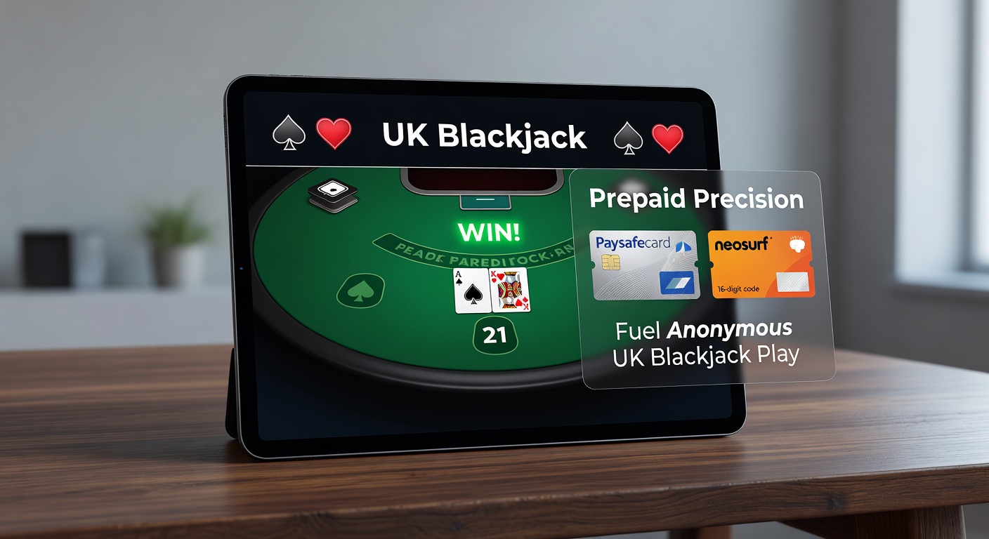 A close-up of prepaid voucher cards like Paysafecard and Neosurf displayed alongside a blackjack table interface, highlighting anonymous funding options
