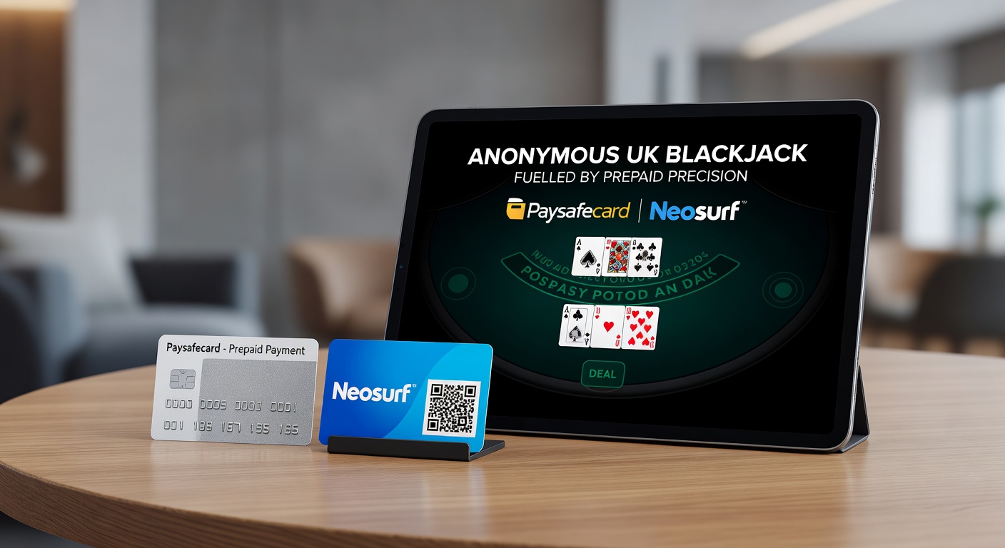 Neosurf ticket being redeemed on a mobile device next to a vibrant UK online blackjack game screen, emphasizing quick and private deposits
