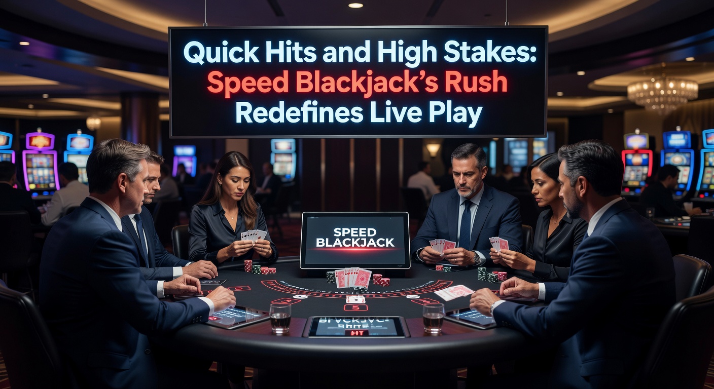 Dynamic live Speed Blackjack table with dealer dealing rapid hands amid glowing screens and player interfaces