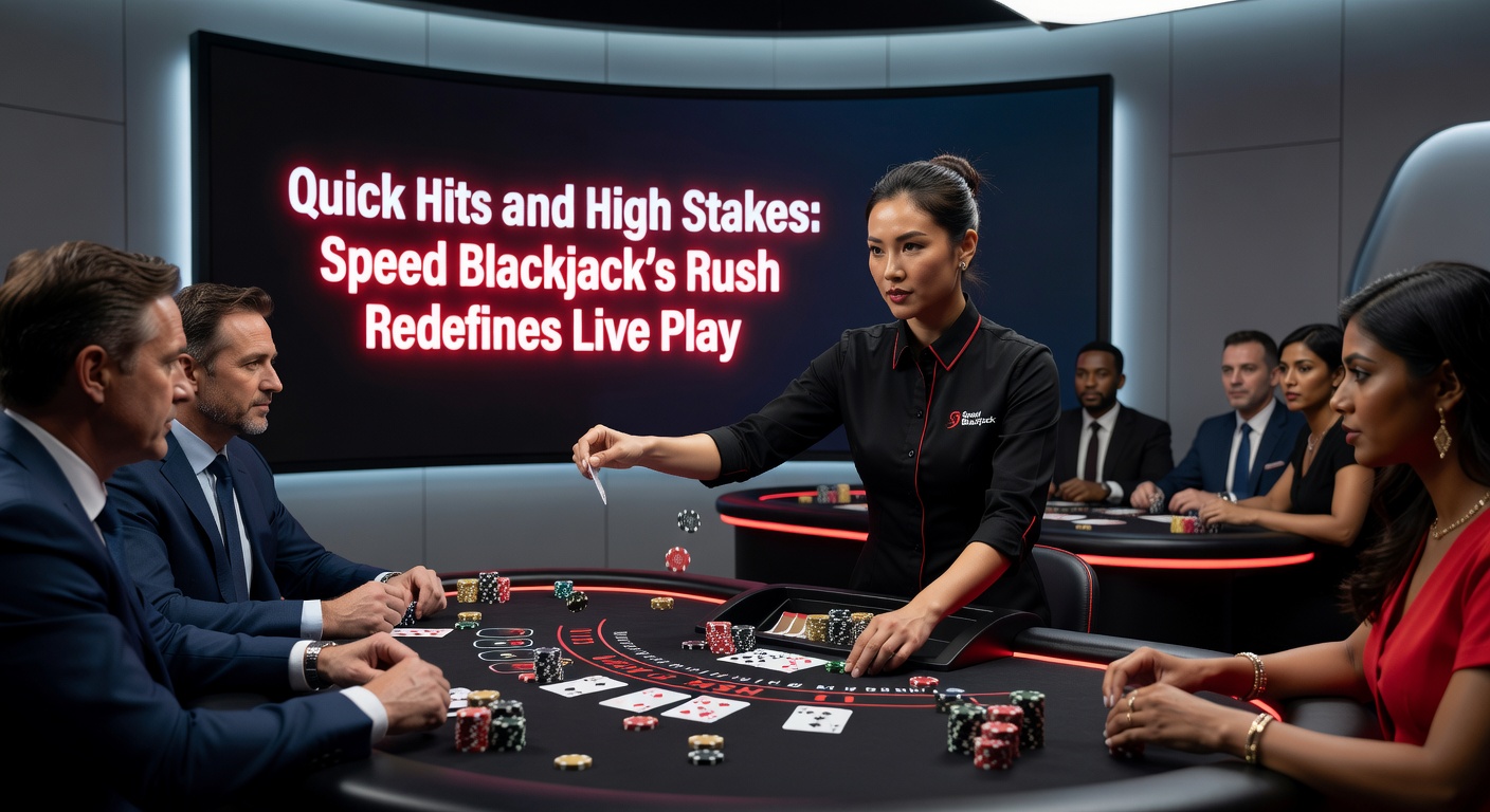 High-stakes Speed Blackjack interface displaying rapid player decisions, bet trackers, and dealer close-up during a tense hand