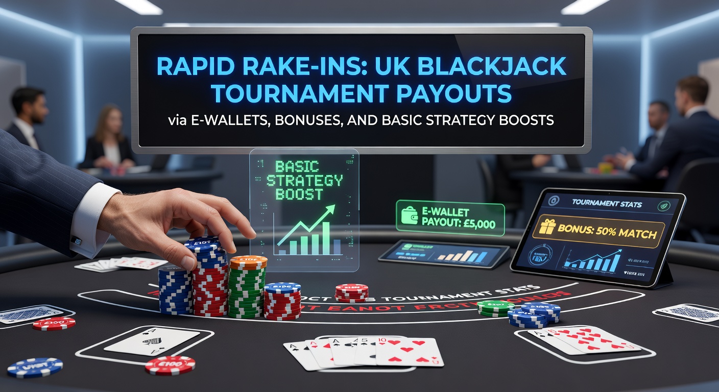 UK blackjack tournament players celebrating a rapid rake-in win with chips stacking up on a digital table, e-wallet icons glowing nearby