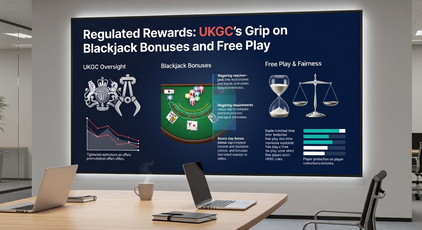 Close-up of a blackjack table with overlaid text showing wagering requirements and bonus terms under regulatory scrutiny