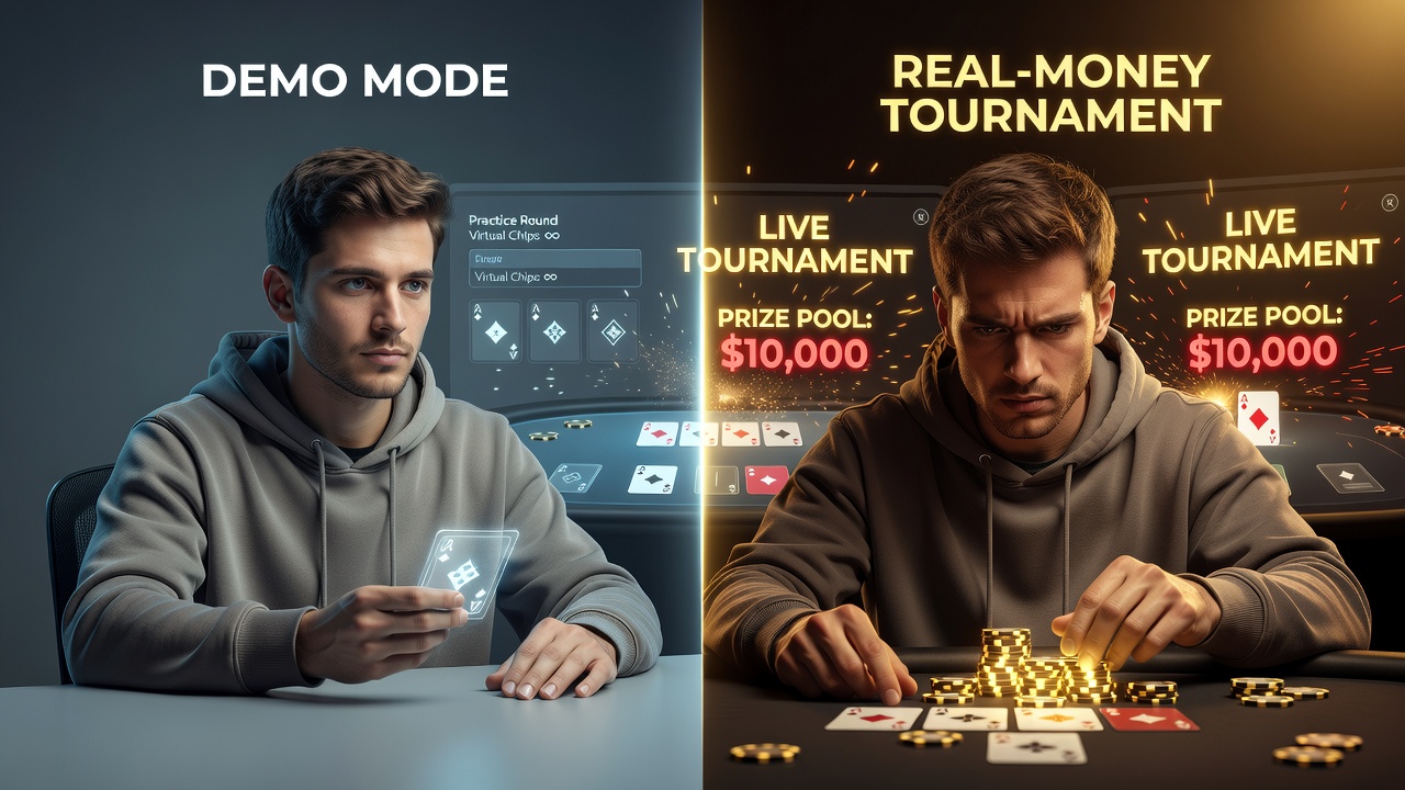 Players transitioning from demo card game modes to real-money tournament interfaces on mobile apps