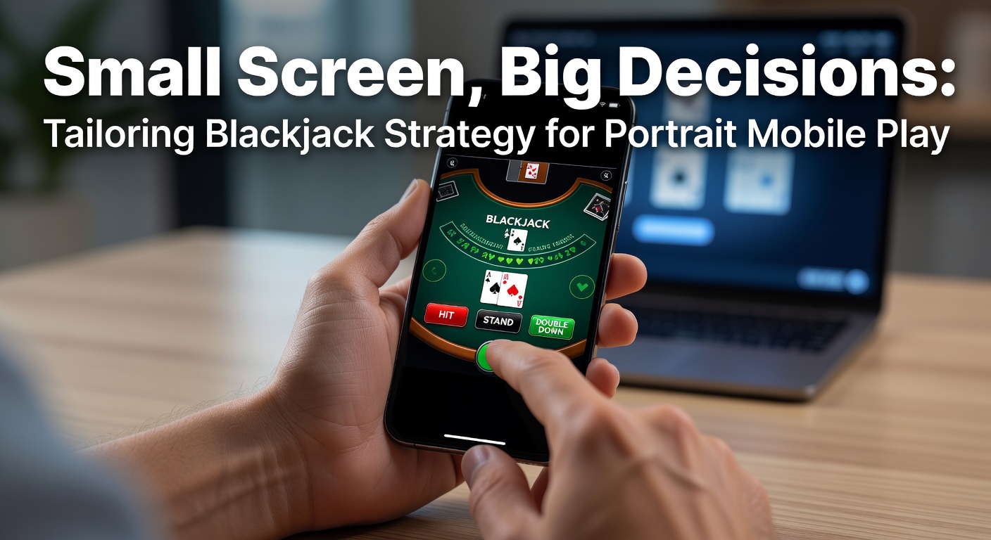 Smartphone screen displaying a portrait-mode blackjack table with cards, chips, and touch buttons squeezed into a vertical layout
