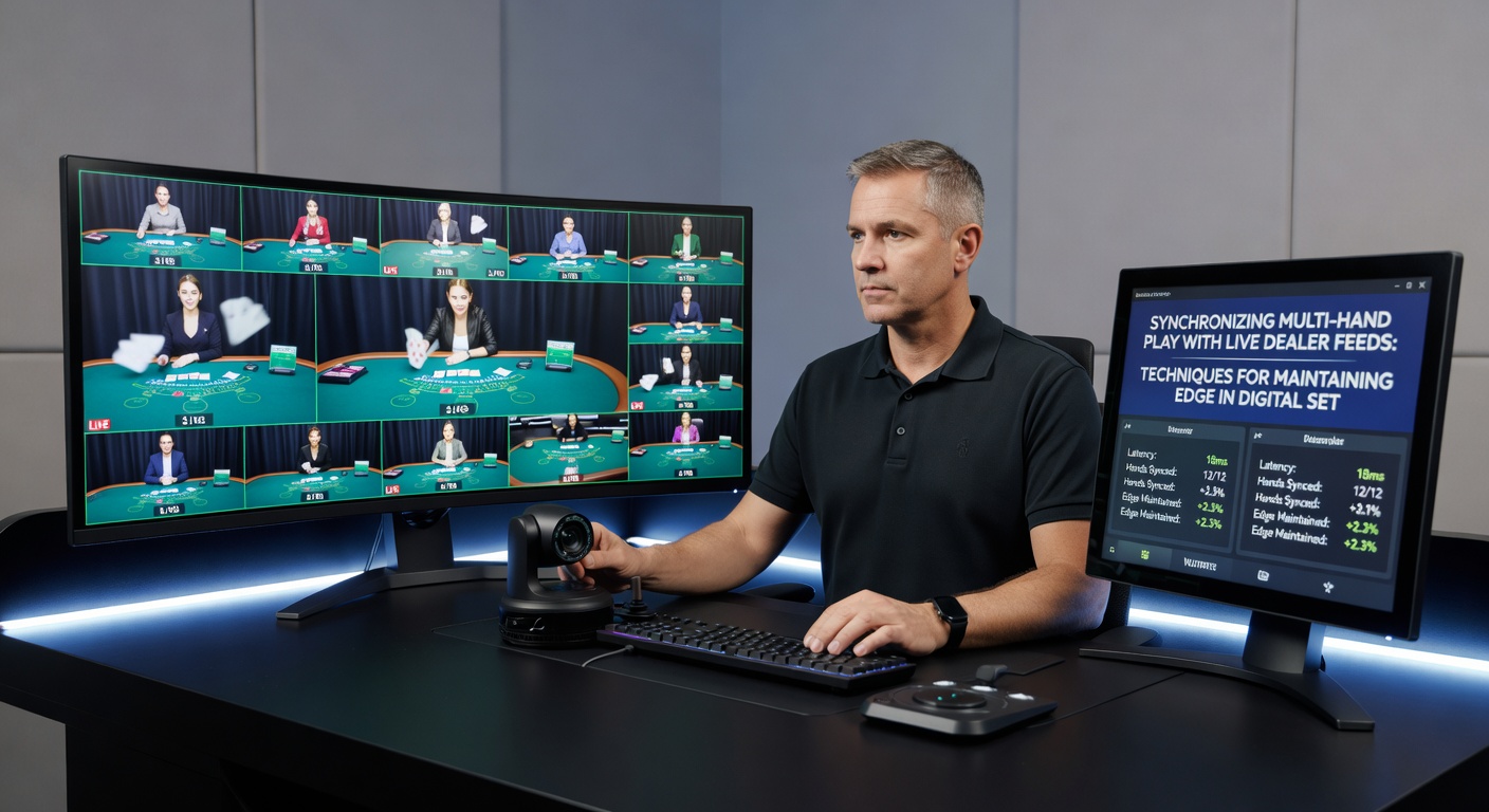 Player workstation setup displaying synchronized multi-hand blackjack windows alongside live dealer broadcast with timing overlays