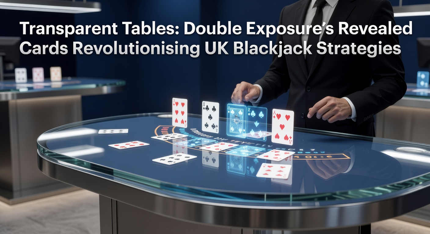 Digital rendering of a Double Exposure Blackjack table showing both dealer cards face up, with players adjusting bets amid glowing casino lights