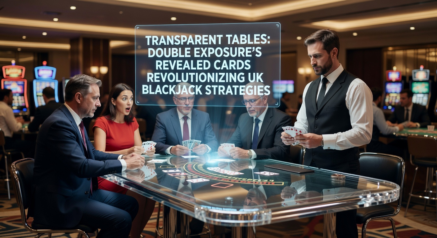 Close-up of a live Double Exposure Blackjack dealer revealing both cards on a high-tech table, with player screens displaying adjusted strategy prompts